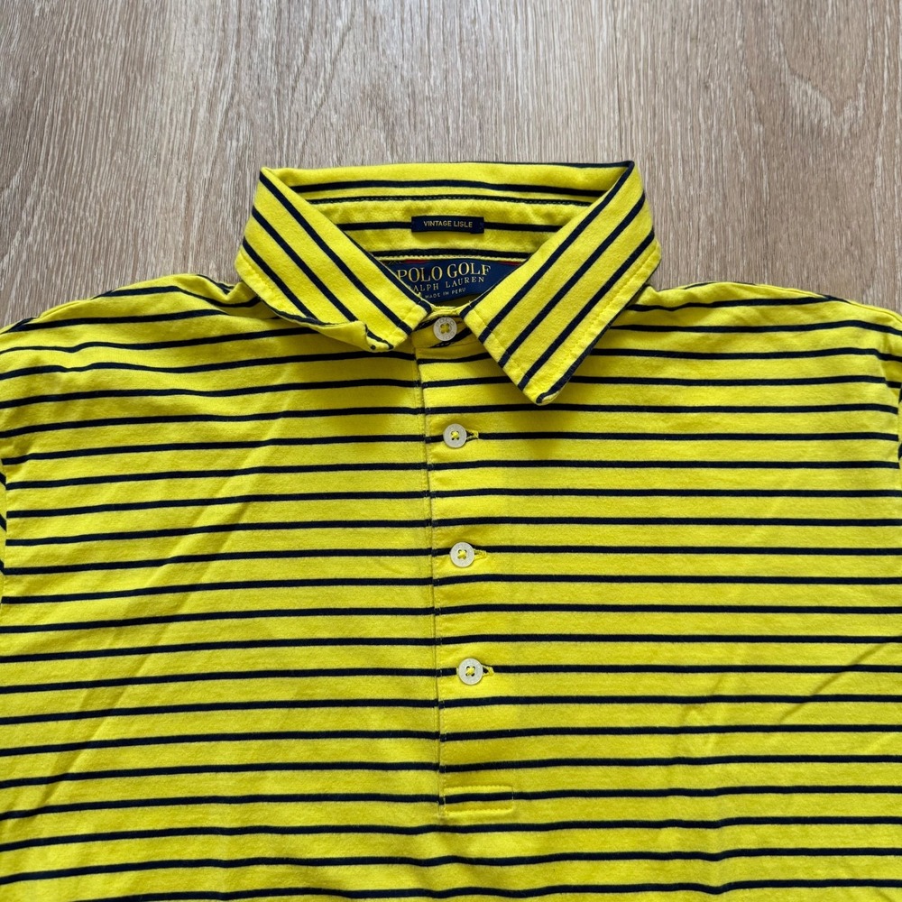 Polo Golf Ralph Lauren Vintage Lisle Men S Yellow Short Sleeve Striped Collar - Picture 4 of 6